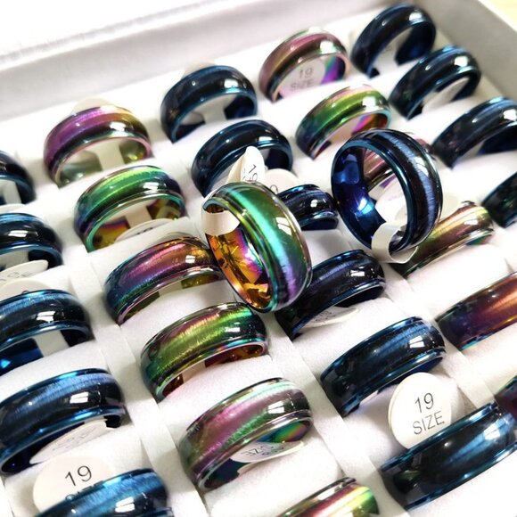 Rainbow & Blue Glossy Stainless Steel Rings - Picture 5 of 6